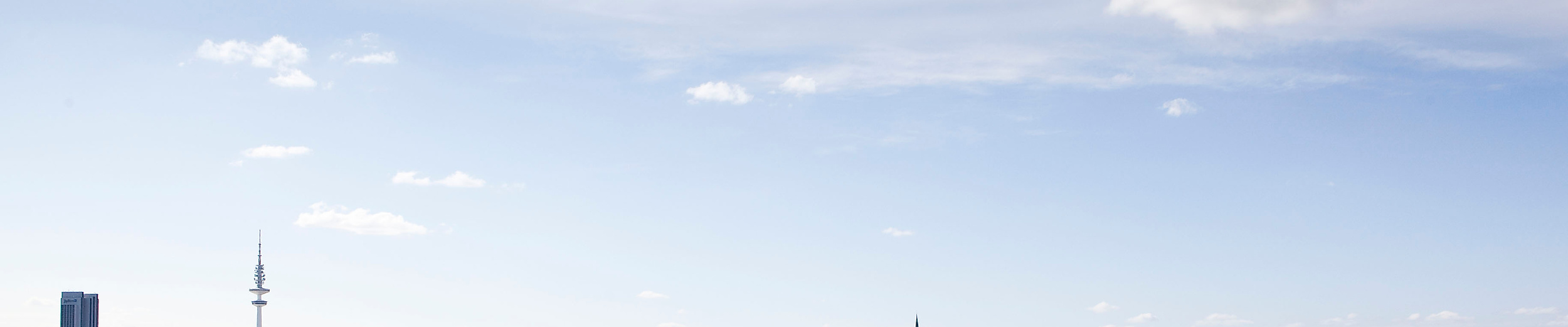 Weißes Alsterschiff mit Fahrgästen auf weiter Wasserfläche unter blauem Himmel mit Stadtpanorama