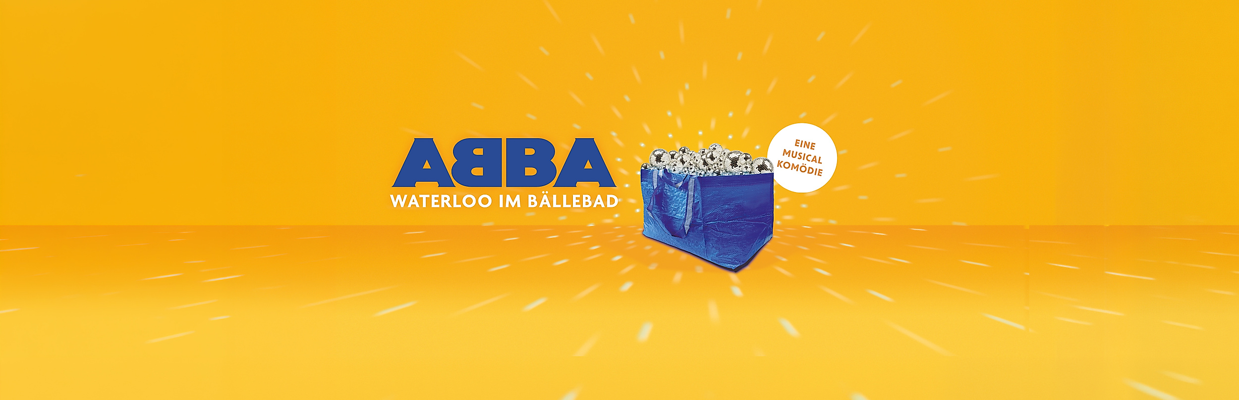 ABBA Logo mit blauer Ikea Tasche und Diskokugeln