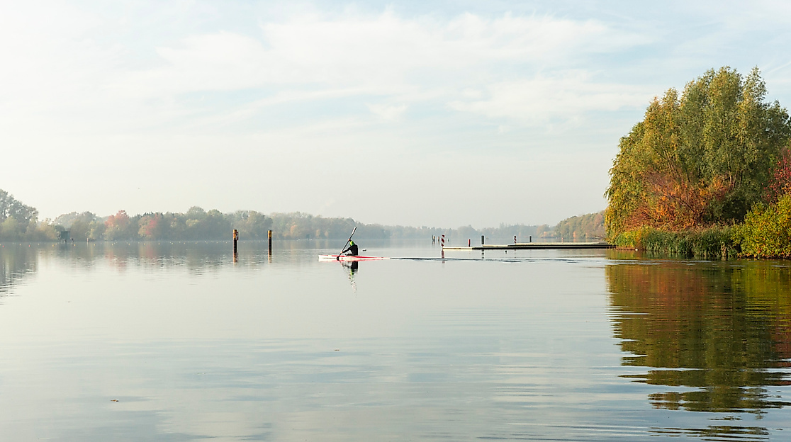 Stand-up-Paddler:innen auf der Dove-Elbe in Hamburg bei leichtem Herbstnebel und ruhiger Wasseroberfläche
