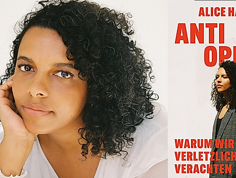 Alice Hasters, with her head resting on her hand, looks directly into the camera. Next to her is the book cover of "Anti-Victim".