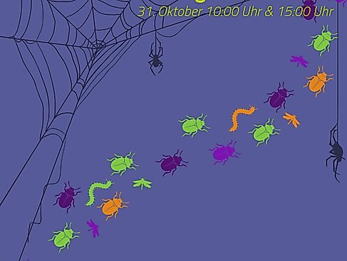 Colorful beetles and caterpillars crawl across the picture