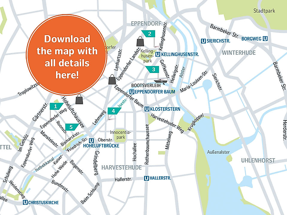 Map of the Boulevard Route through Eimsbüttel and Eppendorf with cafés, shops, and excursion destinations in Hamburg’s favorite districts