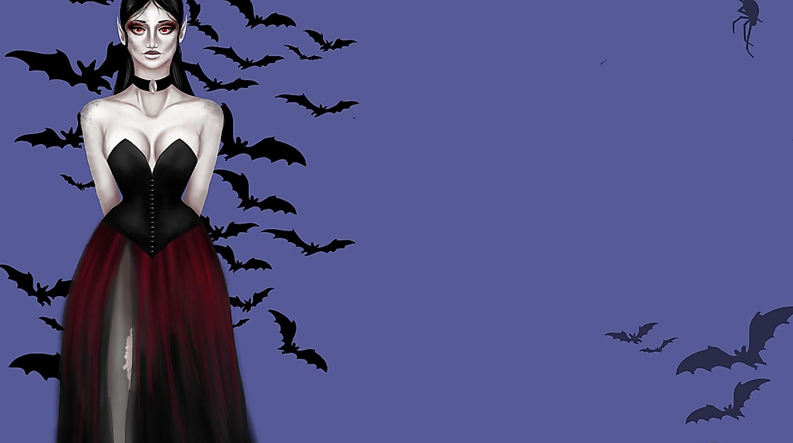 A vampire stands in front of a swarm of bats