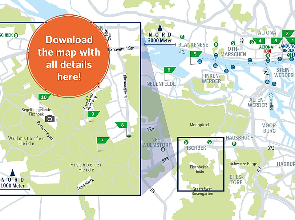 Map of the Heath Route from Hamburg through the port to the Fischbeker Heide with nature, culture, and rest stations