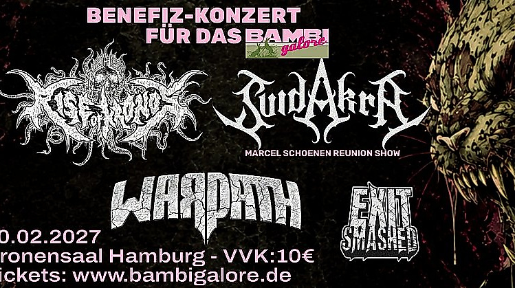 Konzertposter des Benefizkonzertes Revolt! Rise of Kronos, Suidakra, Warpath, Exit Smashed am 20.02.2027 im Kronensaal vom Bambi galore