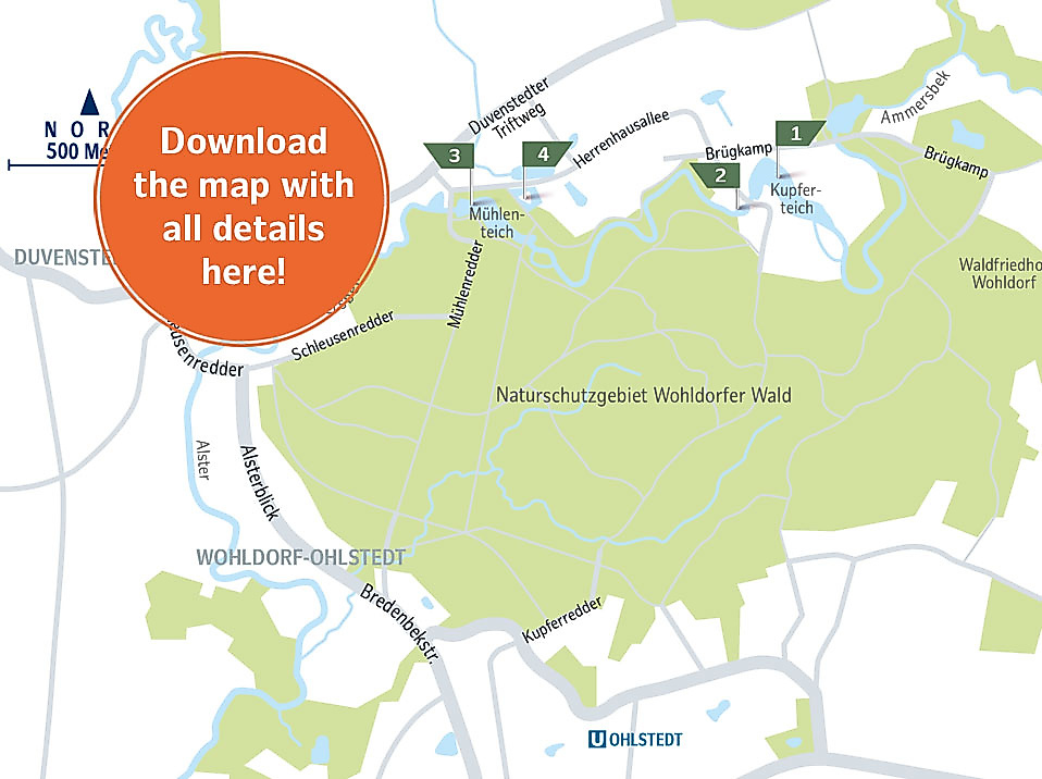 Map of the Forest Route through the Wohldorfer Forest in Hamburg with hiking trails, nature spots, and rest stops