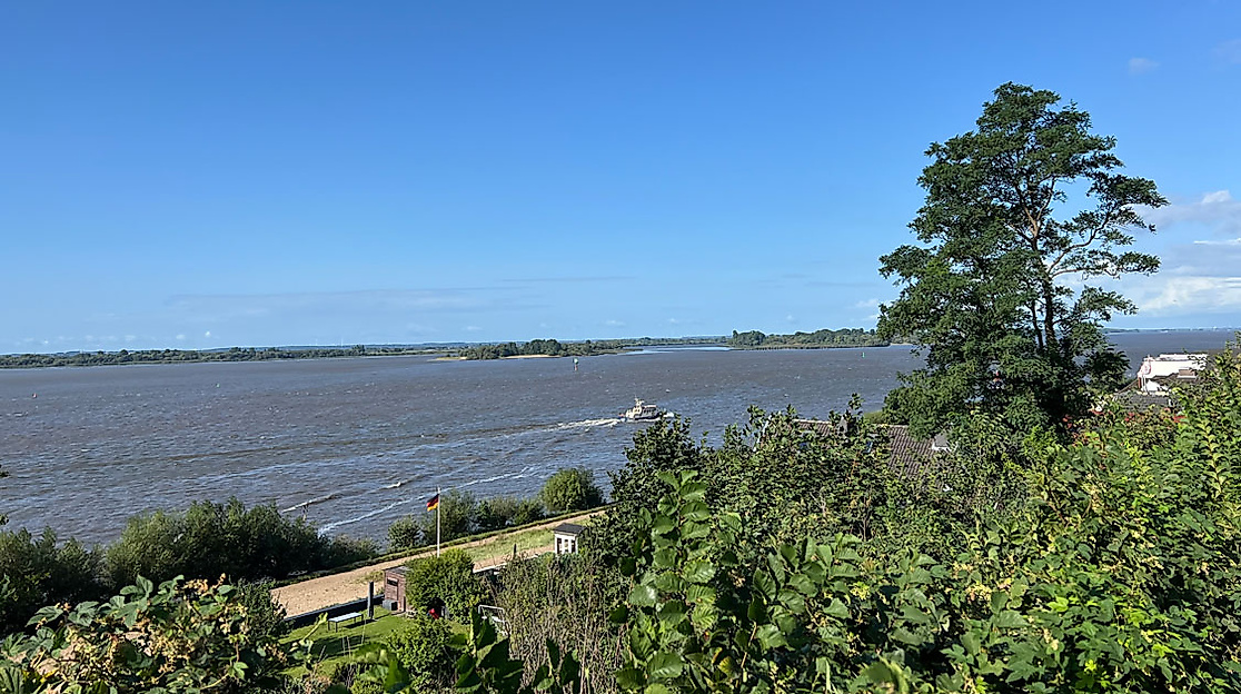 Weitblick über die Elbe in Blankenese mit grünem Ufer und blauem Himmel an einem sonnigen Tag