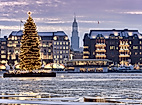 Beleuchteter Weihnachtsbaum auf der winterlichen Binnenalster vor verschneiter Hamburger Kulisse