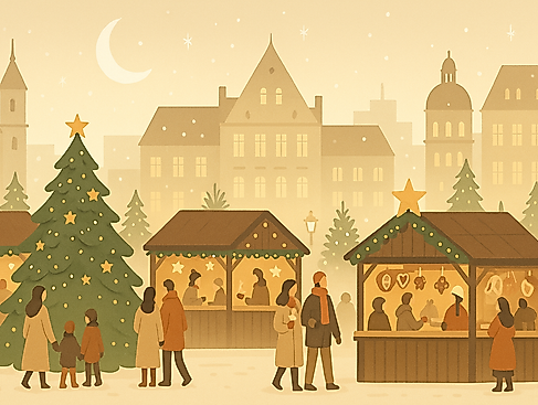 Weihnachtlicher Marktplatz bei Dämmerung - AI-generated image.