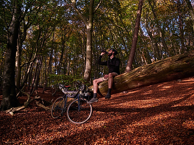 Radfahrer pausiert auf Baumstamm im herbstlichen Wald und genießt die Natur bei Sonnenlicht