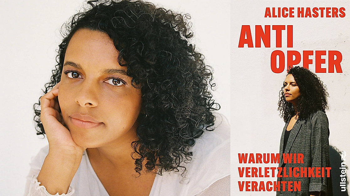 Alice Hasters, with her head resting on her hand, looks directly into the camera. Next to her is the book cover of "Anti-Victim".