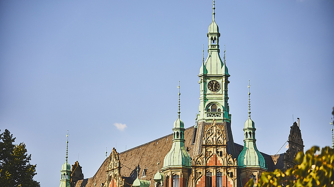 Verziertes Backsteingebäude mit grünem Kupferdach und Turmspitze in der Speicherstadt vor blauem Himmel