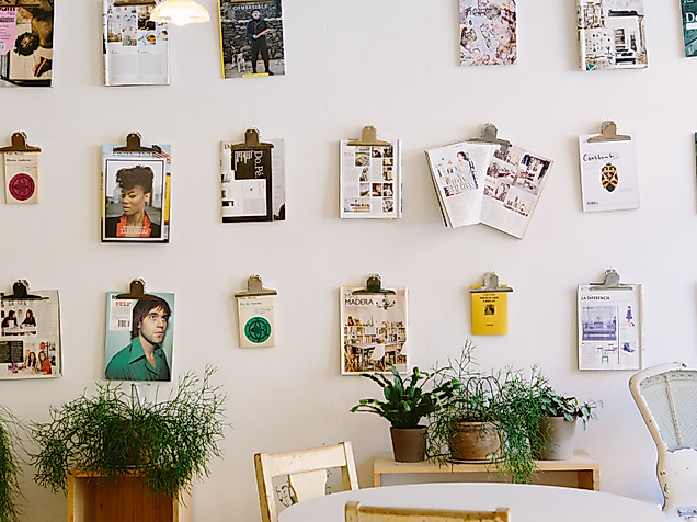 Lichter, Pflanzen und Illustrationen an der Wand in liebevoll gestaltetem Concept Store in Hamburg