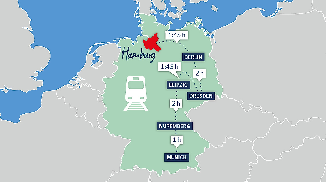 Karte zeigt Hamburgs Lage und Bahnverbindungen zu kulturreichen Städten in Deutschland mit Reisezeiten.