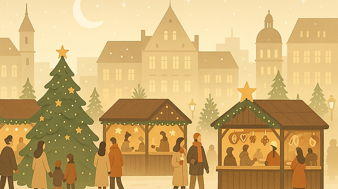 Weihnachtlicher Marktplatz bei Dämmerung - AI-generated image.