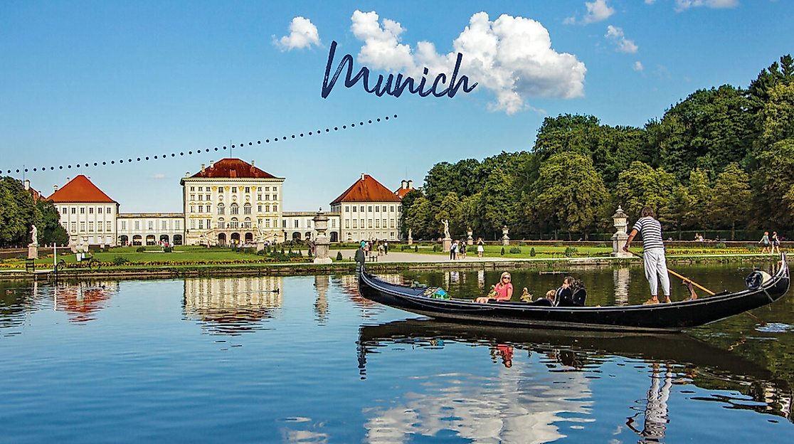 Gondel auf dem Kanal vor Schloss Nymphenburg in München bei Sonnenschein, darüber Schriftzug „München“.