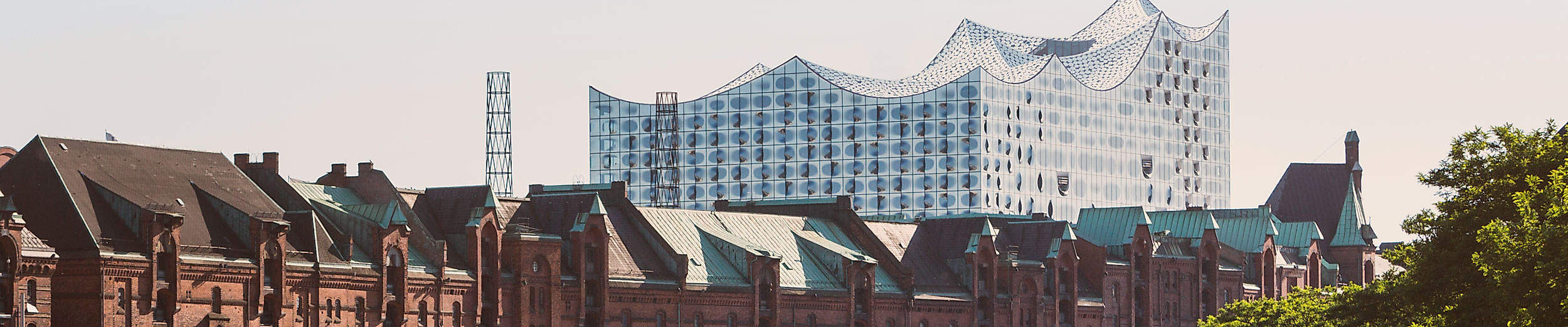 Blick auf die Elbphilharmonie über den Dächern der Hamburger Speicherstadt bei Tageslicht