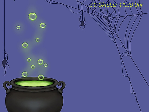 a bubbling cauldron beneath a spiderweb