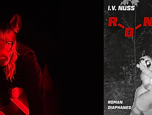 A person in a fursuit is illuminated by red light and the book cover of »R-O-N=O« is shown.