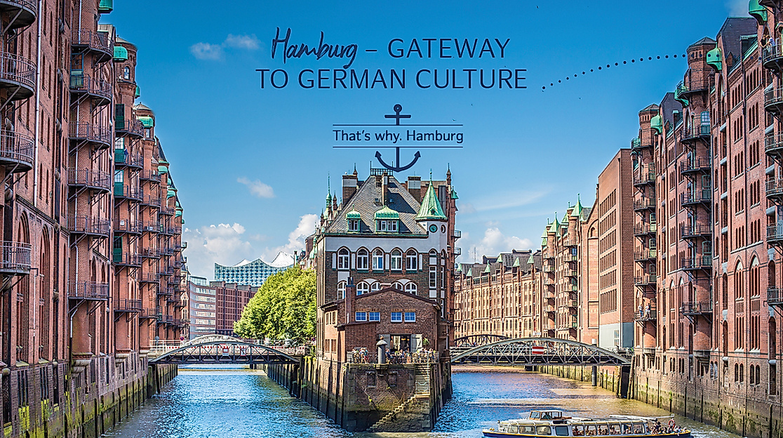iew of the UNESCO World Heritage Speicherstadt Hamburg in sunshine, with text above:" HAMBURG - GATEWAY TO GERMAN CULTURE". That´s why. Hamburg.