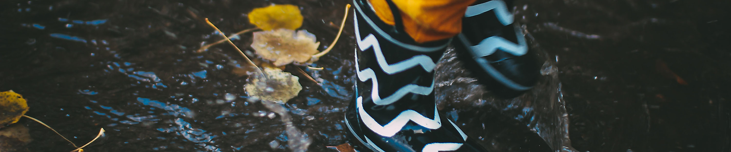 Kind springt mit gemusterten Gummistiefeln in eine Pfütze zwischen buntem Herbstlaub in Hamburg