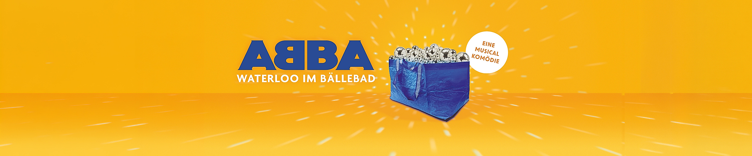 ABBA Logo mit blauer Ikea Tasche und Diskokugeln