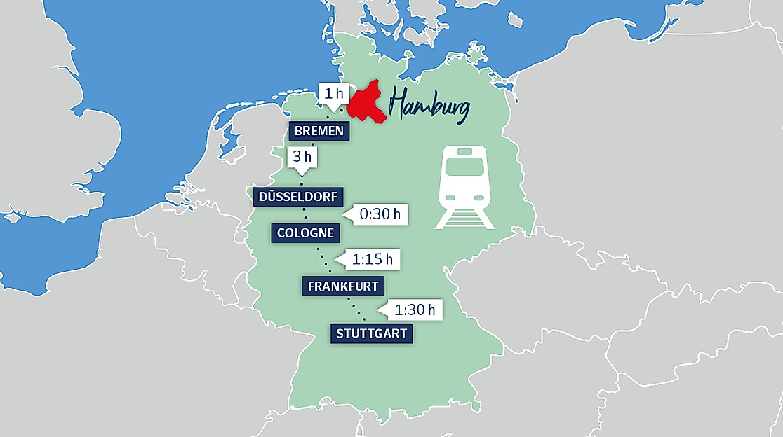 Karte zeigt Hamburgs Lage und Bahnverbindungen zu kulturreichen Städten in Deutschland mit Reisezeiten. 