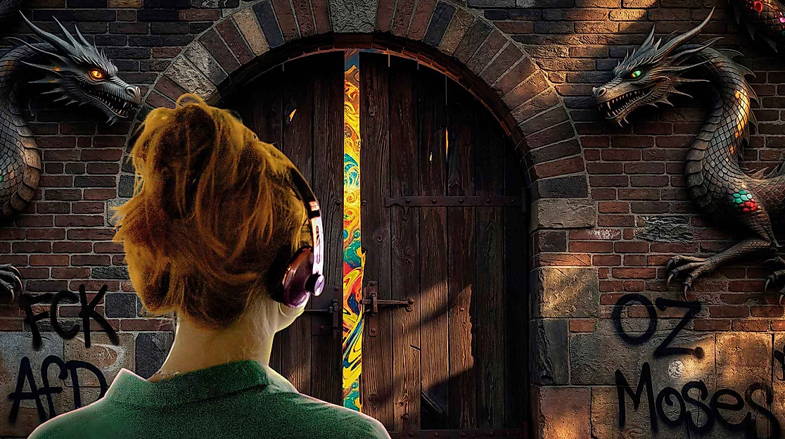 Person in front of a gate.