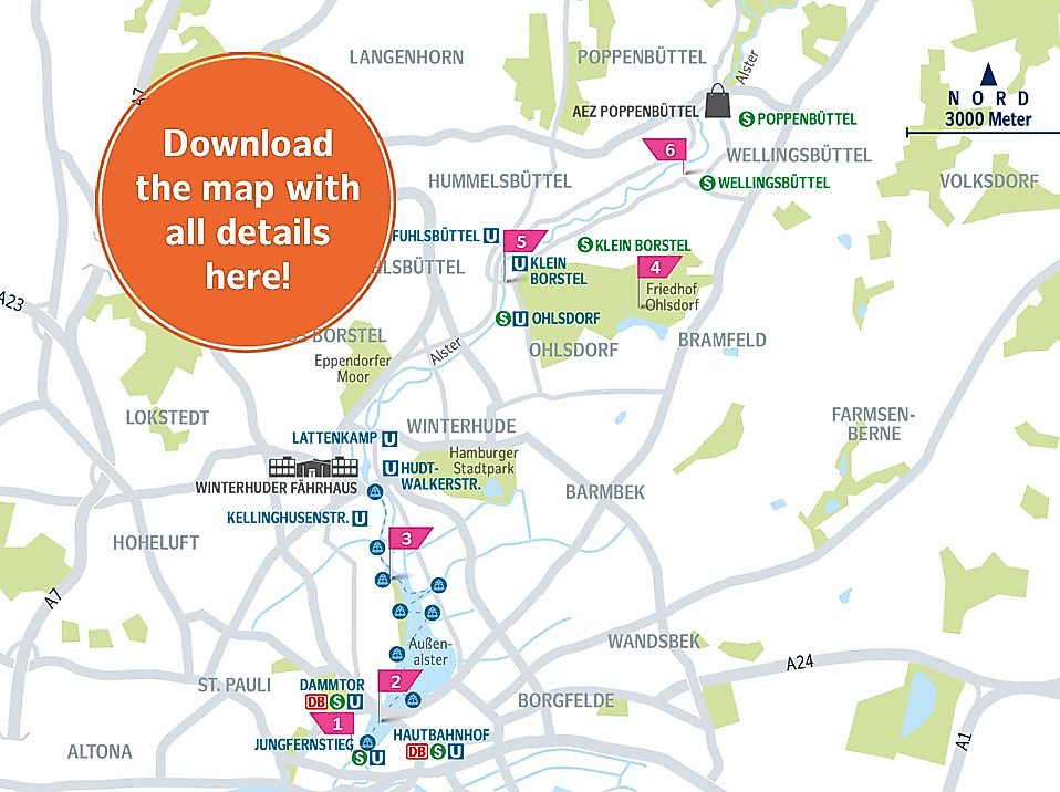 Map of the Alstertal Route from Hamburg’s city center into nature with hiking trails, parks, and excursion destinations