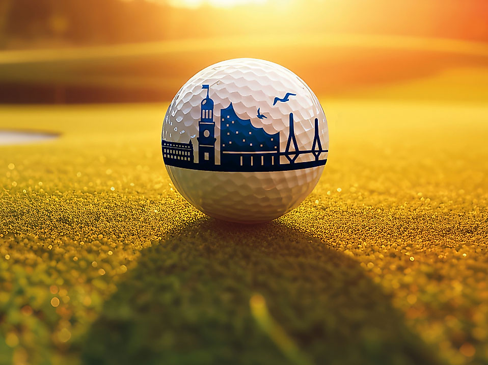 Golfball mit Hamburger Skyline auf sonnigem Fairway – Symbolbild für das Golf-City-Paket Hamburg