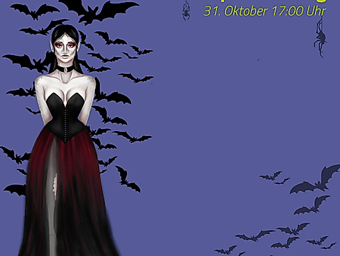 A vampire stands in front of a swarm of bats
