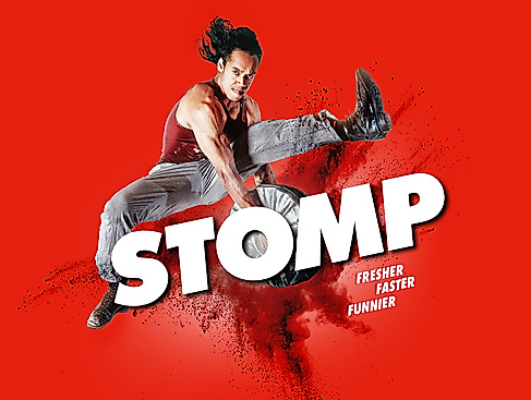 “Stomp” title sequence. A dancer jumps into the air with legs outstretched and slaps two plates together. Below him, the word ‘Stomp’ is written in capital letters, along with the tagline “Fresher, Faster, Funnier.”