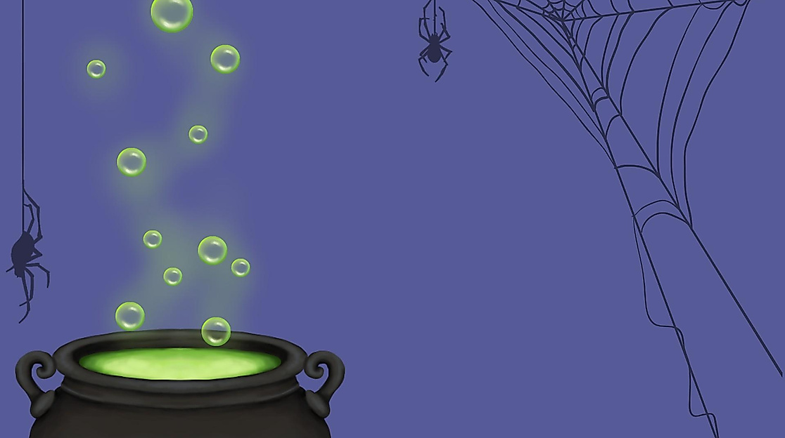 a bubbling cauldron beneath a spiderweb