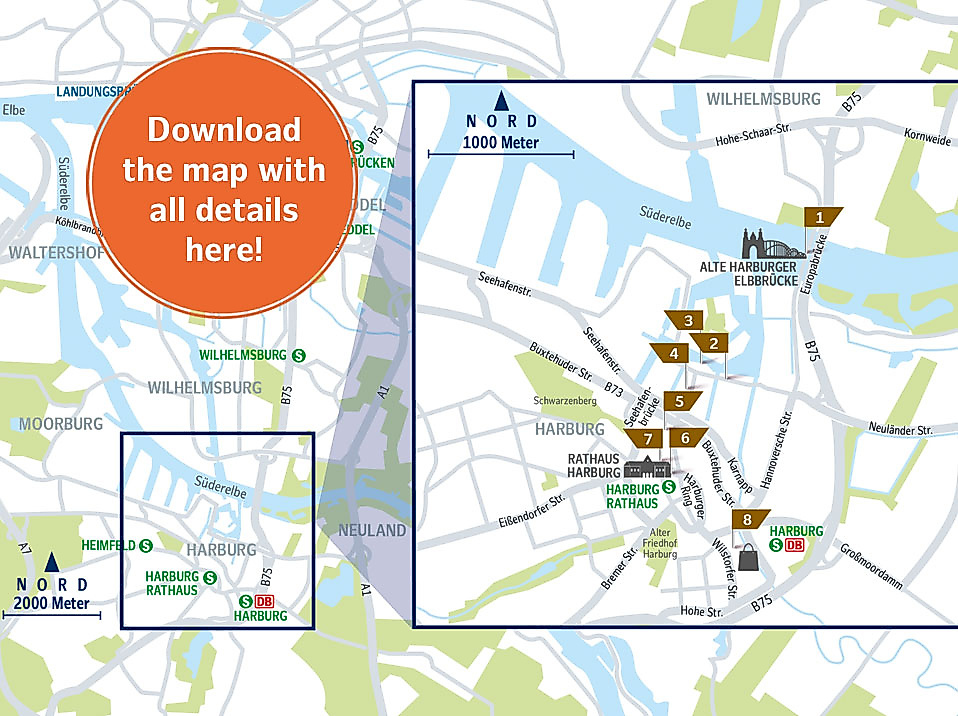 Map of the Culture Route in Hamburg-Harburg with stops featuring maritime architecture, museums, and street art