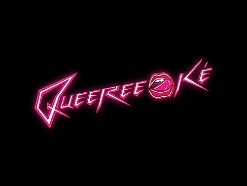 The word "Queereeoké" in pink font in the style of neon tube design on a black background. The letter o is replaced by lips with two teeth and a tongue grazing the corner of the mouth.