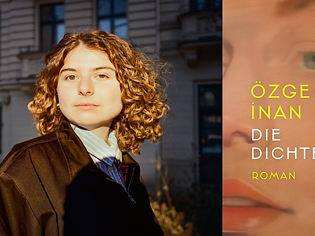 Die Autorin Özge Inan schaut seitlich in die Kamera. Neben ihr ist das Buchcover ihres Romans »Die Dichterin«.