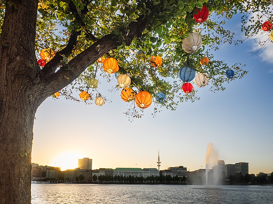 Bunte Lampions im Baum mit Blick auf Alsterfontäne in Hamburg
